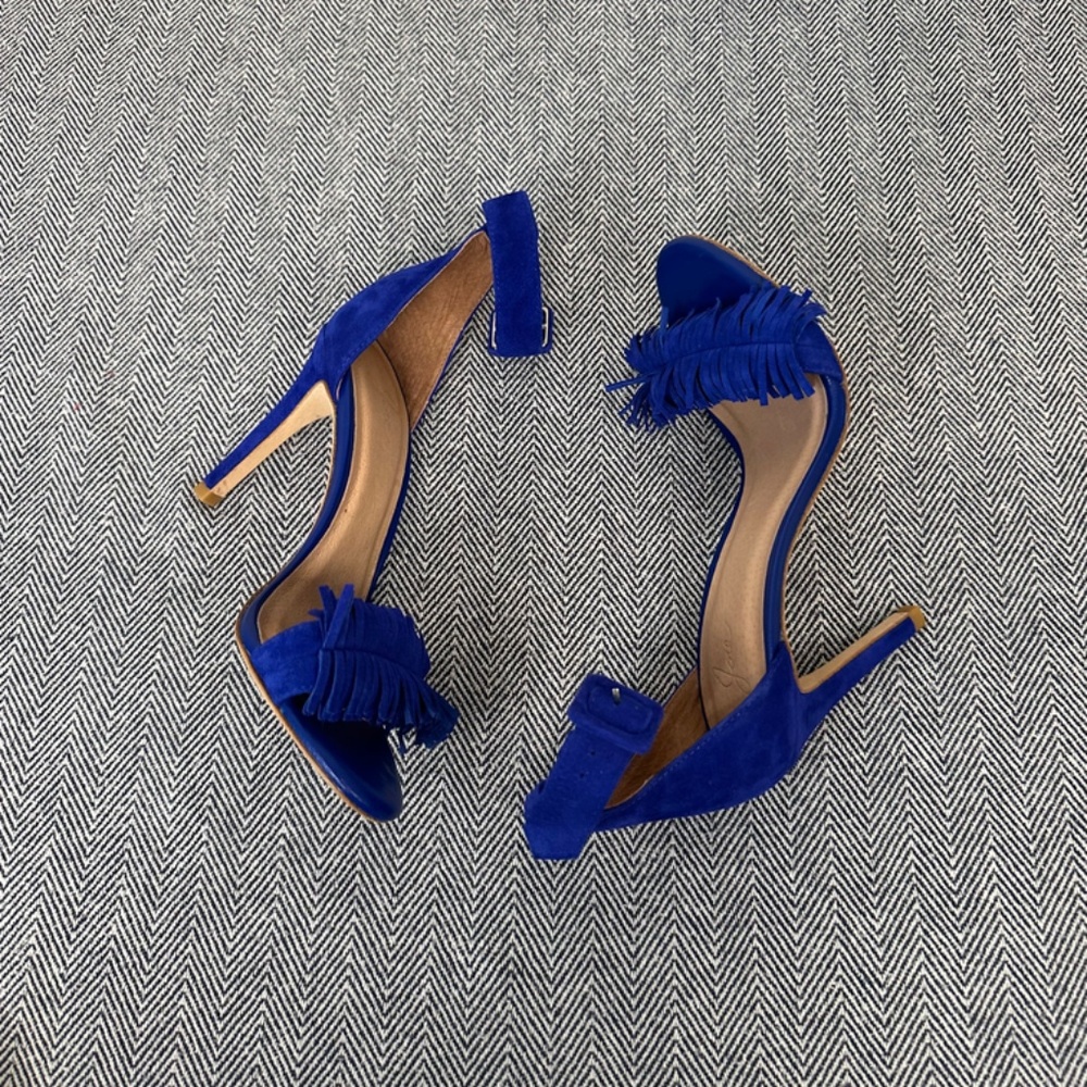 JOIE - Suede Pippi Naked Suede Fringe Royal Blue Heeled Ankle Strap Sand… - Picture 4 of 7
